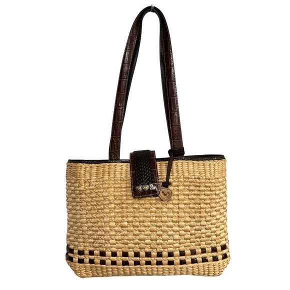 Brighton Straw Weave Snap Tote Leather Strap Handbag Summer Travel Cottage - Picture 2 of 14